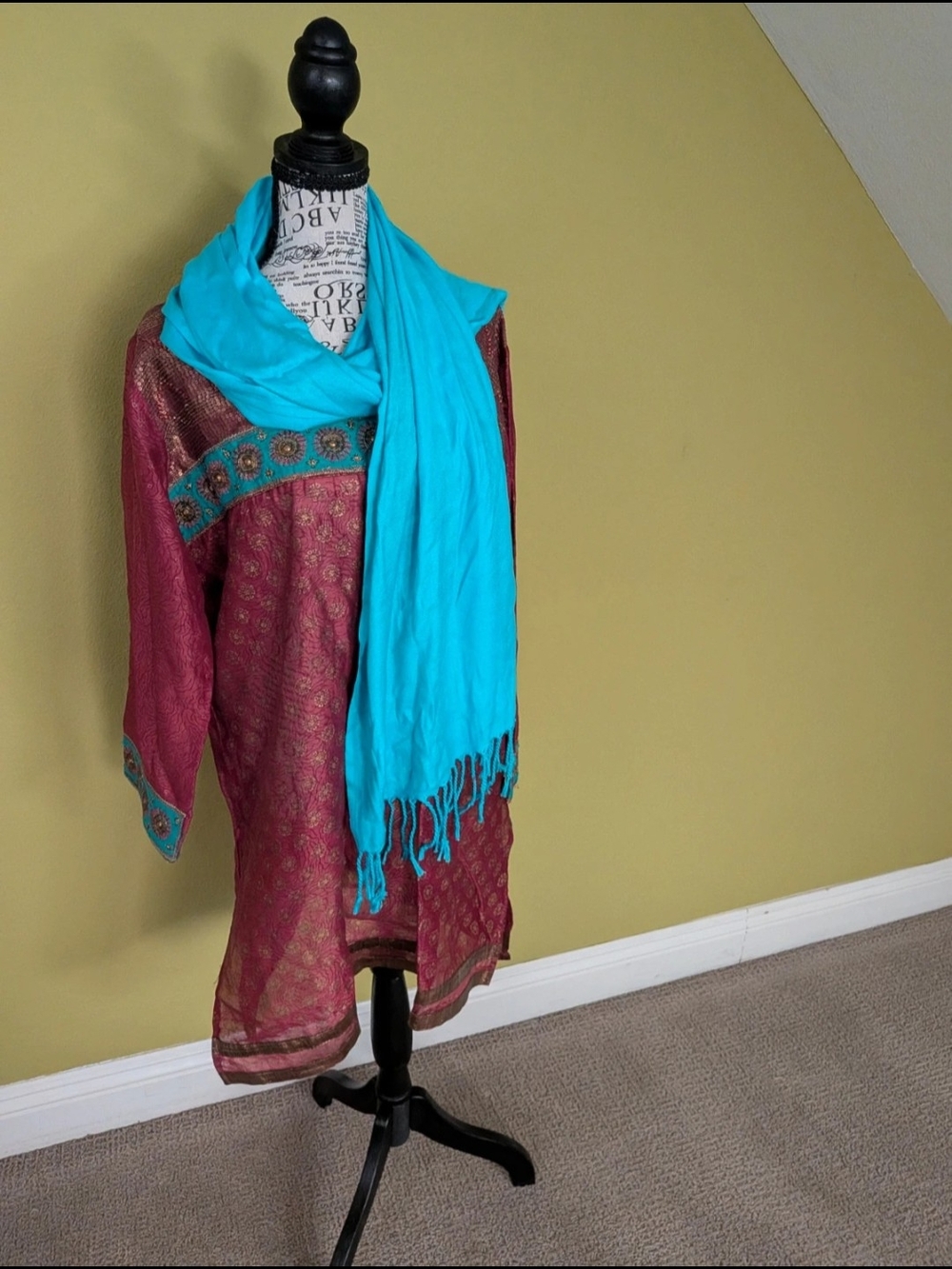 Magenta Embroidered Tunic with Bright Teal Scarf
